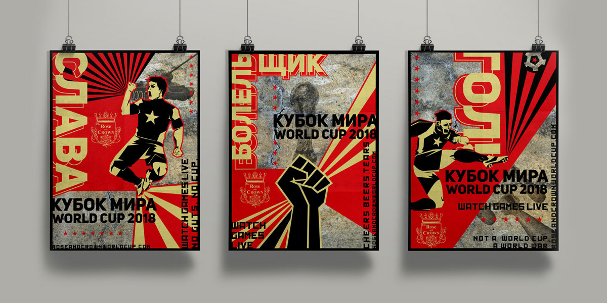 3 russian takeover illustrated posters hanging down
